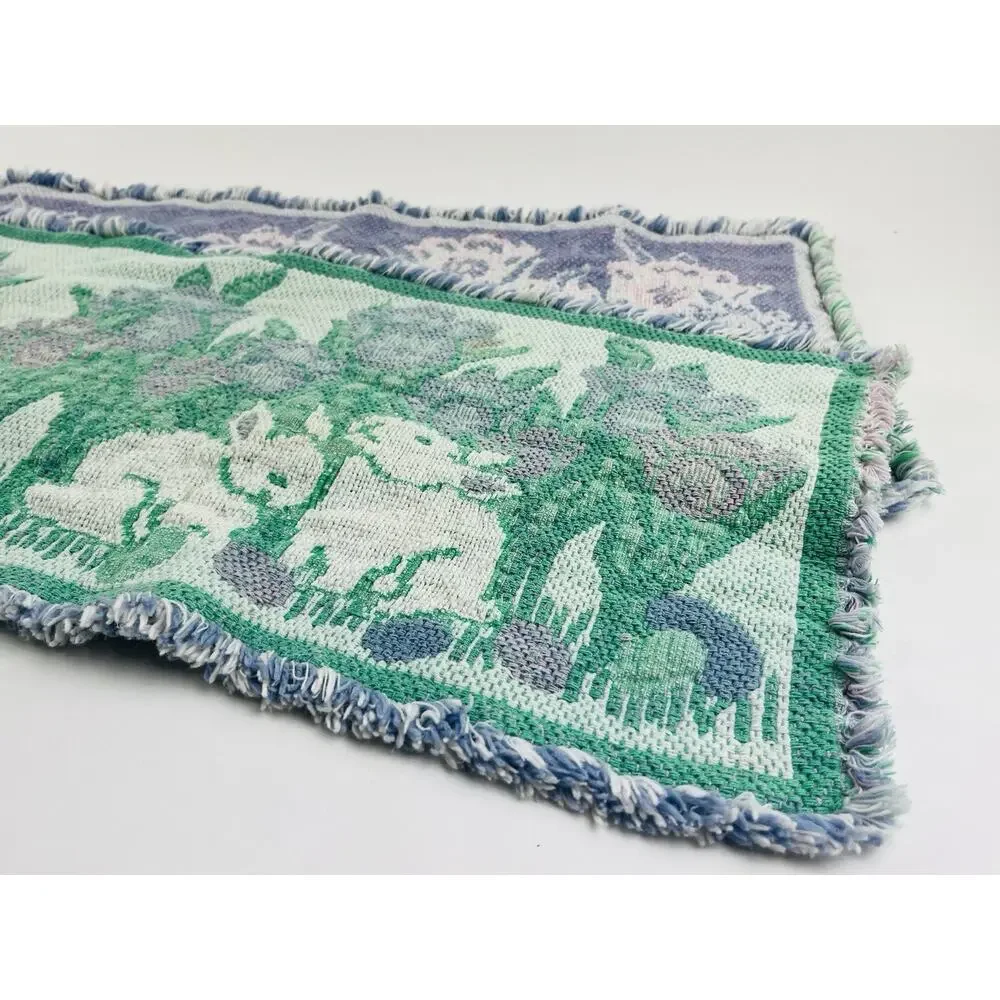 Bunnies Tulips Tapestry Folk Art Table Runner Easter Woven Spring Purple Green P